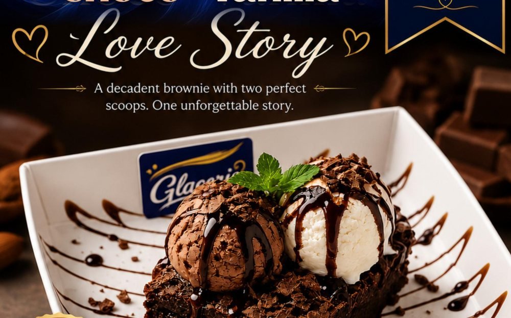 Choco-Vanilla Love Story brownie with Belgian chocolate and vanilla ice cream scoops