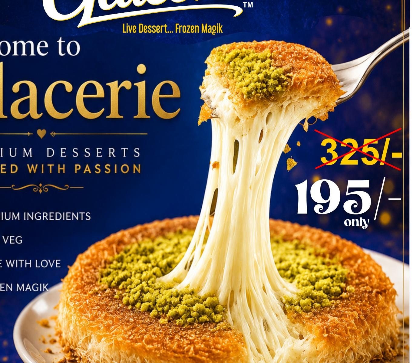 Live cheesy Turkish ghee kunafa being pulled with a fork at Glacerie